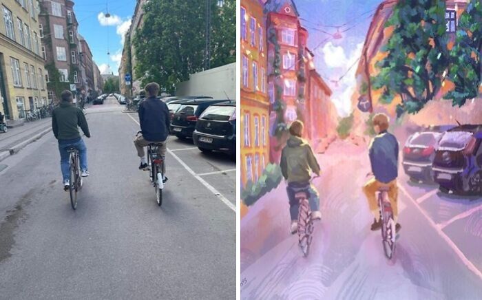 Two people cycling down a city street, capturing the beauty of planet earth in an urban environment.