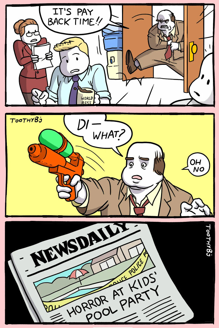 Comic by ToothyBj showing dark humor with a man wielding a toy gun and a newspaper headline about a kids' pool party.
