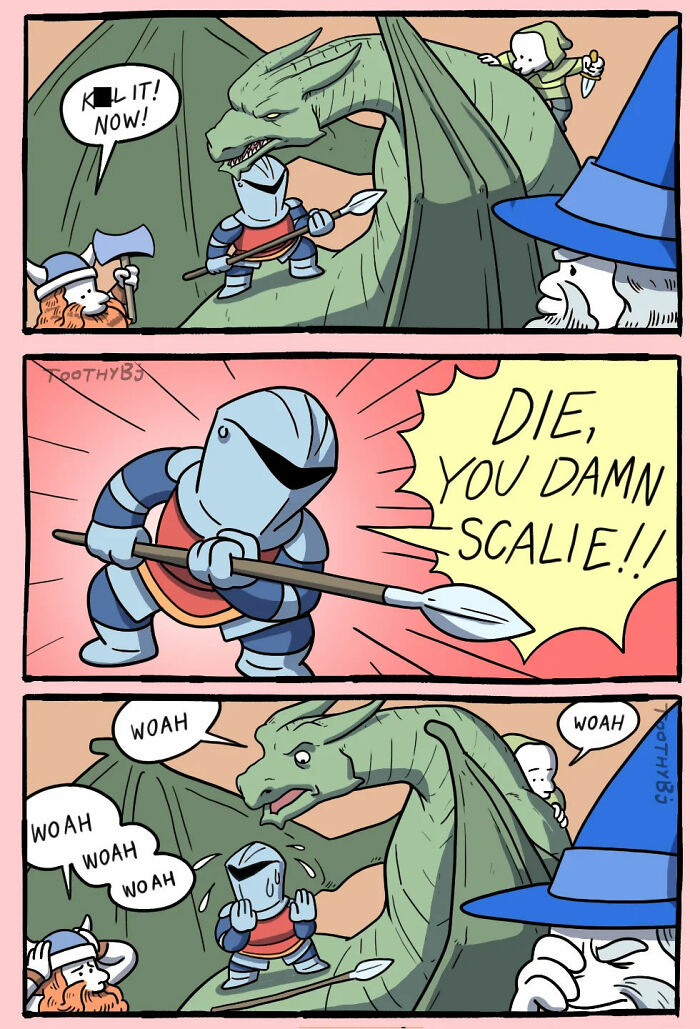 Comic by ToothyBj showing a dark humor knight attacking a dragon, who reacts with surprise and fear.
