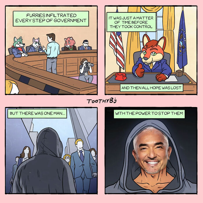 Comic panels by ToothyBj showing anthropomorphic animals in government and a man with power, featuring dark humor themes.