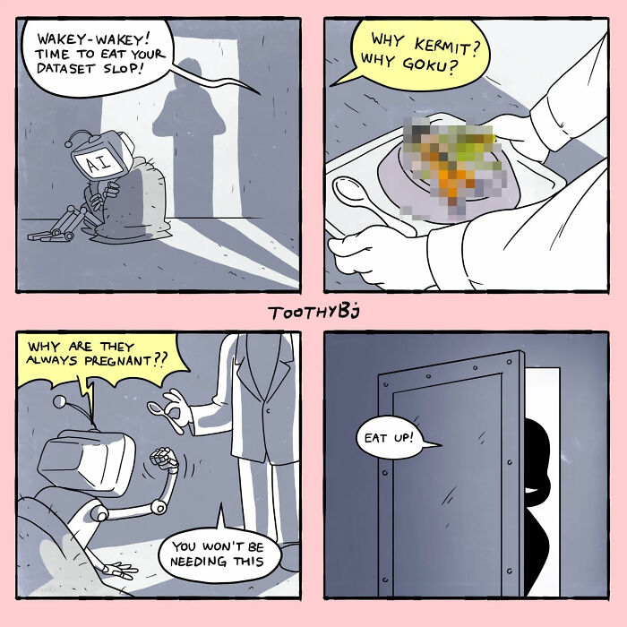 Dark humor comic by ToothyBj showing a robot and shadowy figure with a creepy, unsettling tone.