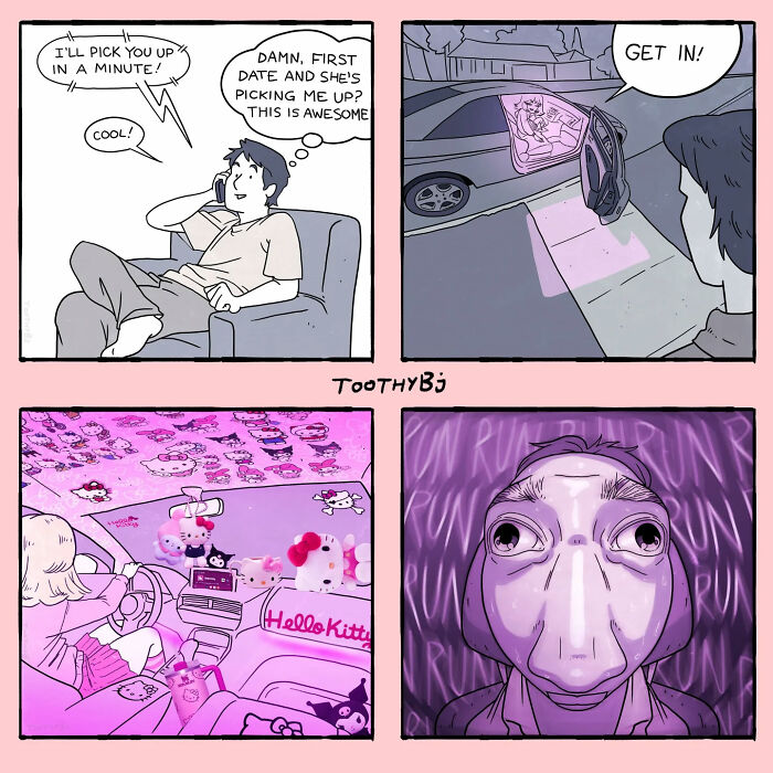 Comic panels by ToothyBj showing a dark humor scene with a date and a disturbing Hello Kitty themed car interior.