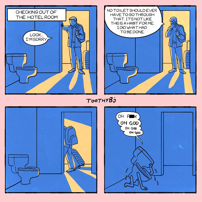 Dark sense of humor comic by ToothyBj showing a person apologizing while checking out of a hotel room bathroom.