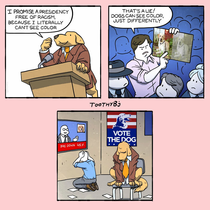 Comic panels by ToothyBj featuring a dog politician promising racism-free leadership with dark humor in an election setting.