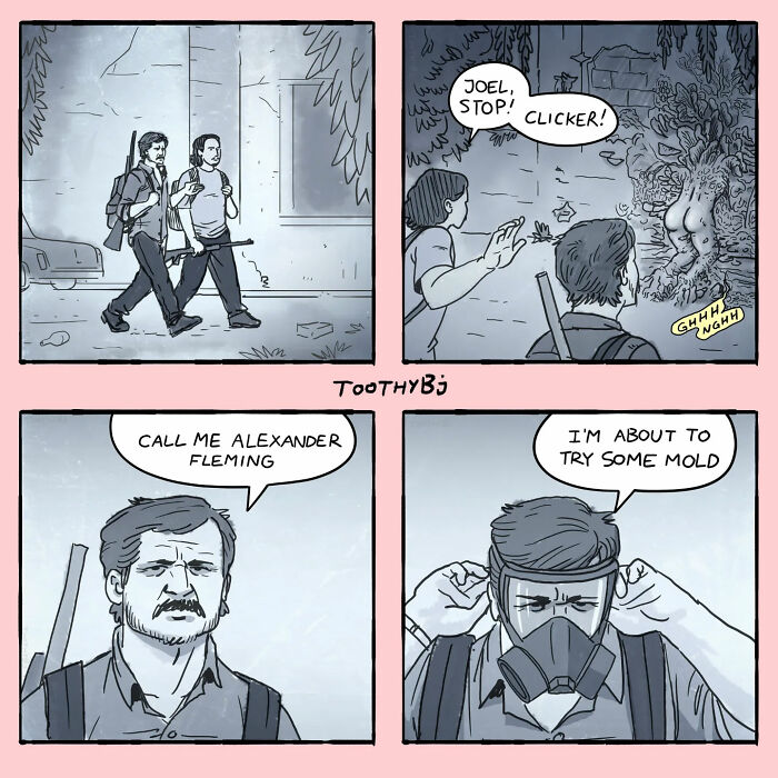 Comic by ToothyBj featuring dark humor with characters confronting a monstrous creature and a man preparing to try mold.