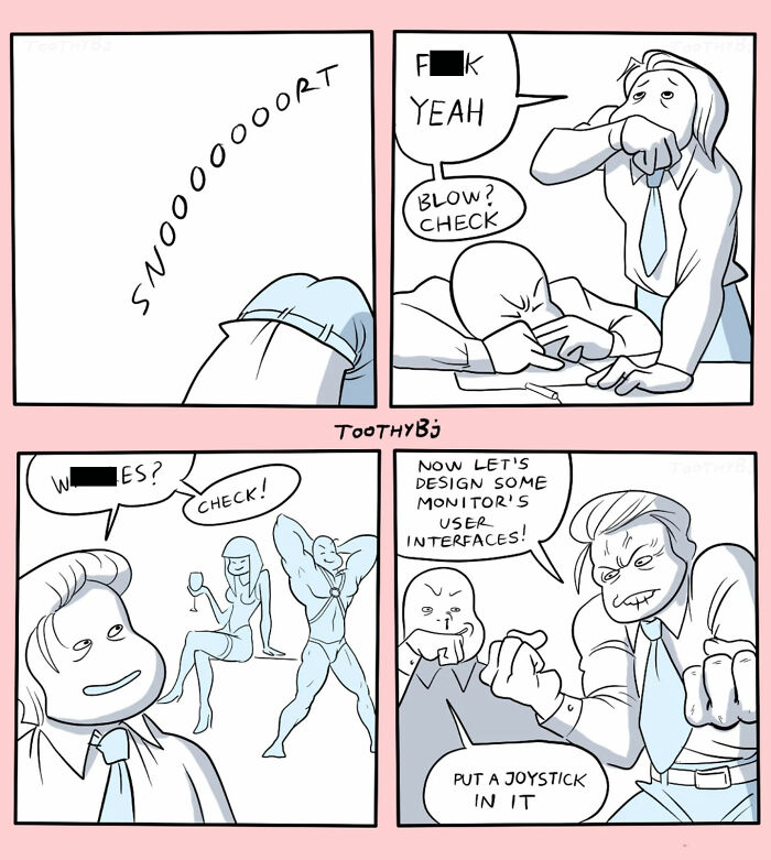 Dark humor comic by ToothyBj showing office workers making inappropriate noises and jokes during a meeting.