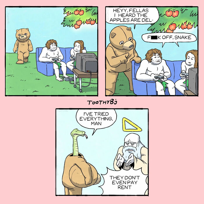 Dark humor comic panels by ToothyBj featuring a bear costume, frustrated gamers, and a talking snake discussing rent issues.