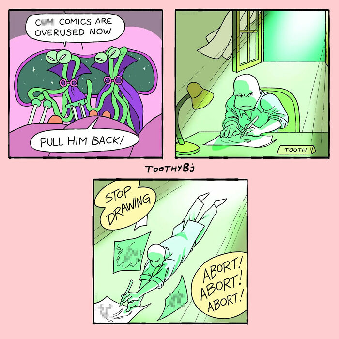 Dark sense of humor comic panels featuring an alien, an artist drawing, and urgent warnings to stop drawing.