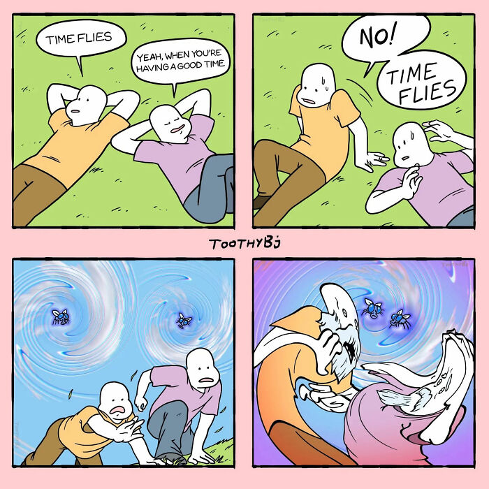 Dark humor comic by ToothyBj shows two characters reacting to a literal interpretation of the phrase time flies.