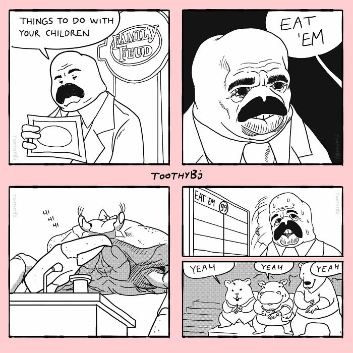 Dark humor comic by ToothyBj showing a man suggesting to eat children with animals approving the idea.