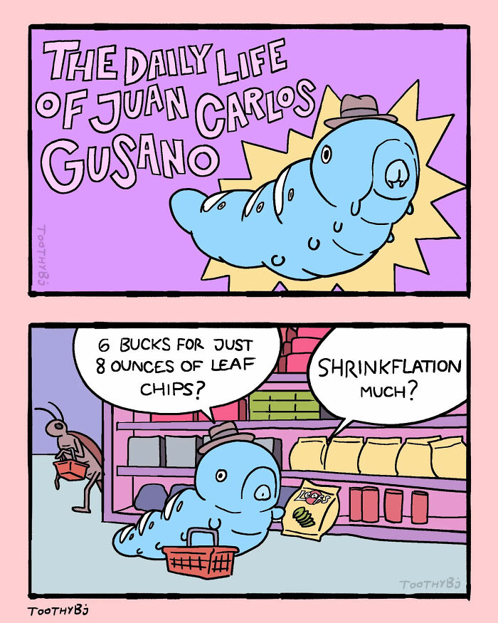 Comic panel featuring a caterpillar experiencing shrinkflation while shopping, showcasing dark humor comics by ToothyBj.