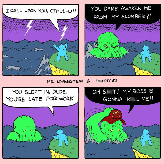 Comic featuring dark sense of humor with Cthulhu character waking up late for work in a humorous scene by ToothyBj.