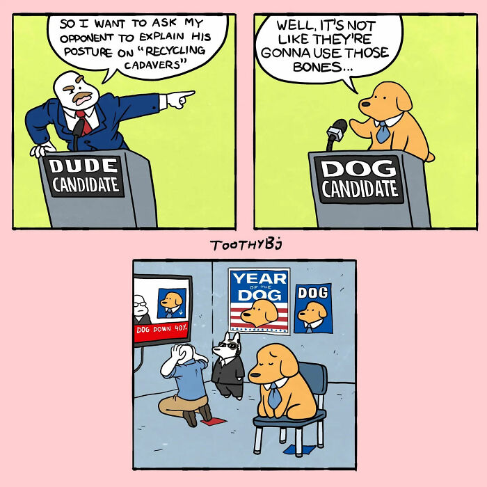Cartoon comic with dark humor showing a dog and a man debating and a dog looking sad after election results.