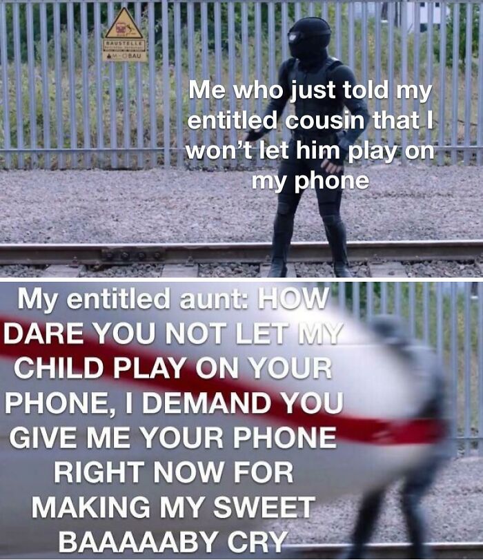 Person in black armor standing on train tracks with text about entitled parents demanding phone use for their child.