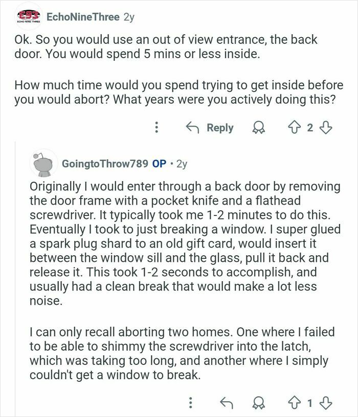Reddit thread showing a former home burglar answering questions about break-in methods and experiences.