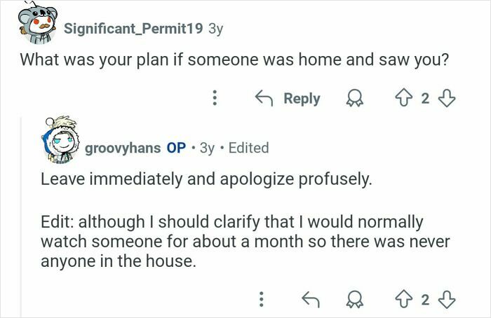 Reddit conversation in a former home burglars AMA discussing plans if someone was home during a burglary attempt.