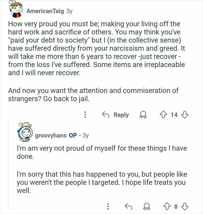 Reddit exchange showing former home burglars responding to a victim's comment in an Ask Me Anything thread.