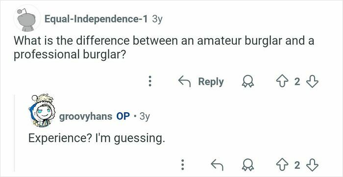 Reddit Q&A showing former home burglars answering questions about differences between amateur and professional burglars.