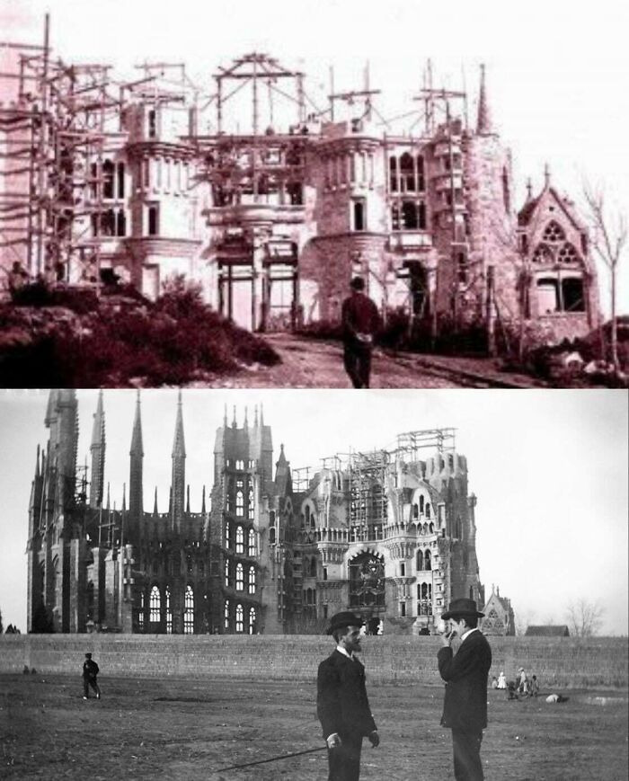 Amazing Photos of two vintage black-and-white cathedral construction scenes with men in foreground