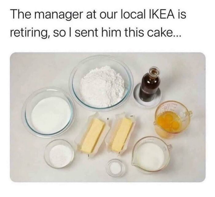 Baking ingredients laid out on a table paired with a funny retirement cake joke from hilariously random posts.
