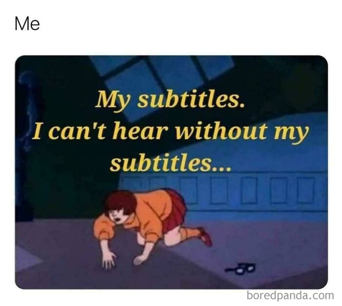Cartoon character crawling with text about needing subtitles, illustrating hilariously random posts that get funnier.