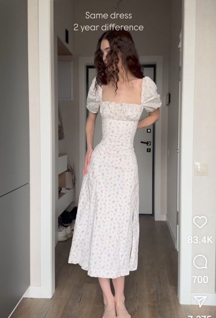 Woman in a floral dress standing in a hallway, illustrating Instagram vs reality contrast with same dress after two years.
