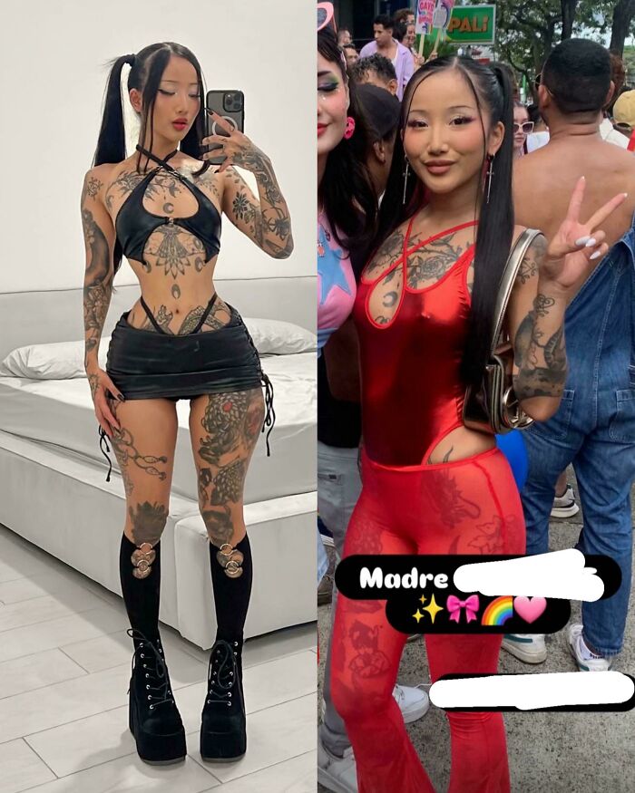 Side-by-side Instagram vs reality pics of a tattooed woman in black and red outfits showing the contrast in appearance.
