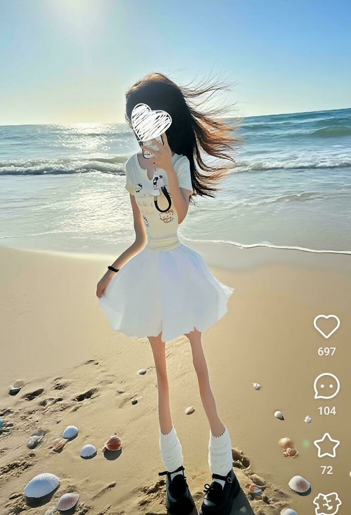 Young woman at the beach with an exaggerated elongated body, illustrating Instagram vs reality pics distortion.