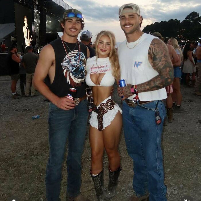 Three young people at an outdoor event, showing Instagram vs reality pics with casual and festive clothing.