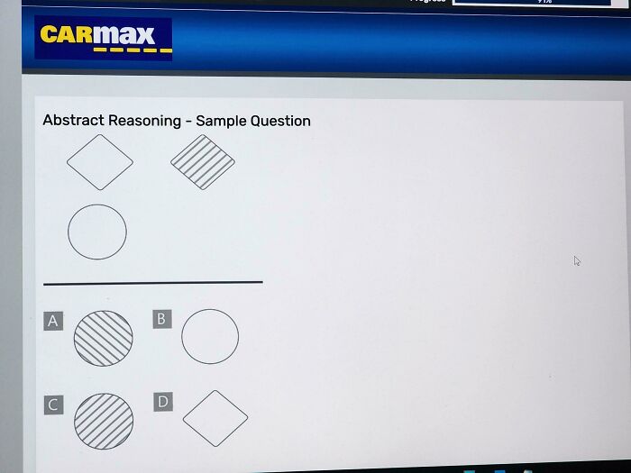 CarMax abstract reasoning sample question shown on computer screen for job requirements assessment.