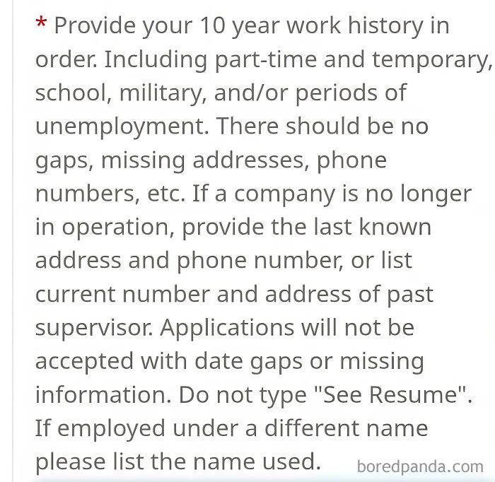 Job requirements demanding detailed 10-year work history with no gaps, including part-time, military, and unemployment periods.