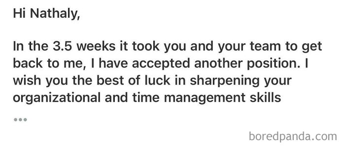 Email text showing a candidate rejecting a job offer after 3.5 weeks, highlighting outrageous job requirements.