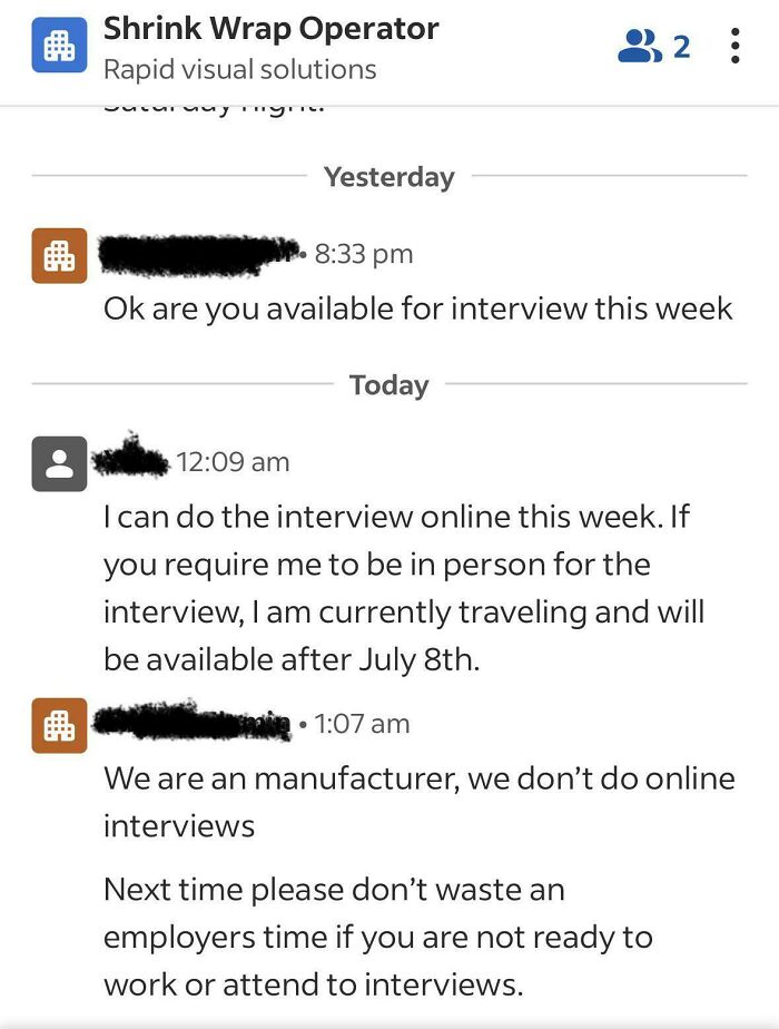 Conversation screenshot showing a job interview discussion with strict onsite interview requirements in outrageous job requirements.