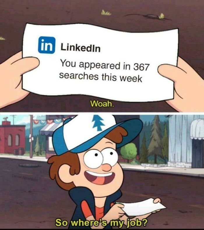 Cartoon character reacting to LinkedIn message showing job searches in a humorous take on outrageous job requirements.
