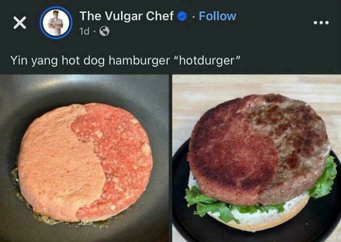 Yin yang hot dog hamburger patty cooking and served on a bun with lettuce, example of stupid dishes in food innovation.