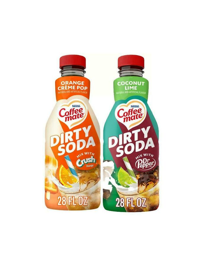 Two bottles of Coffee Mate Dirty Soda creamer in unusual flavors Orange Crème Pop and Coconut Lime with soda mix suggestions.