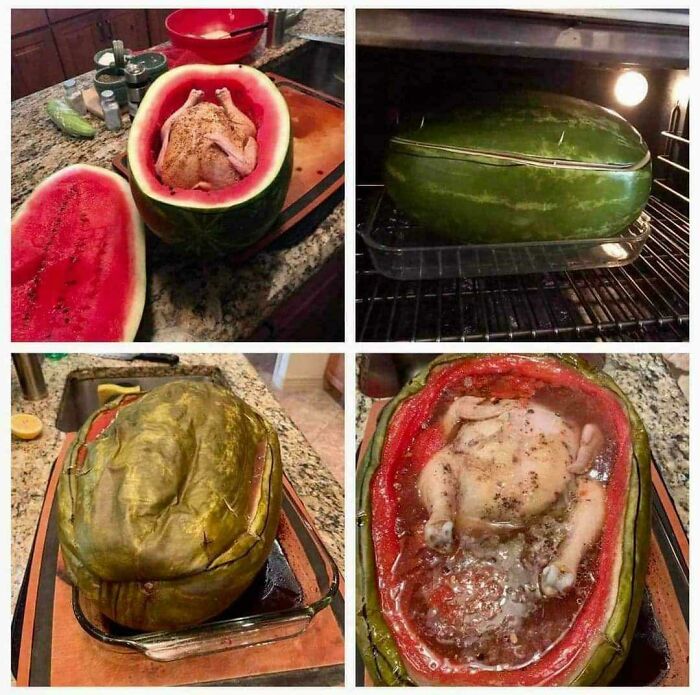 Watermelon used as a cooking vessel for a whole chicken in one of the most bizarre dishes ever created.