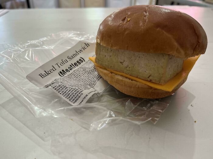 Baked tofu sandwich with cheese slice inside a bun, an example of dishes that are just stupid and unusual food combinations.
