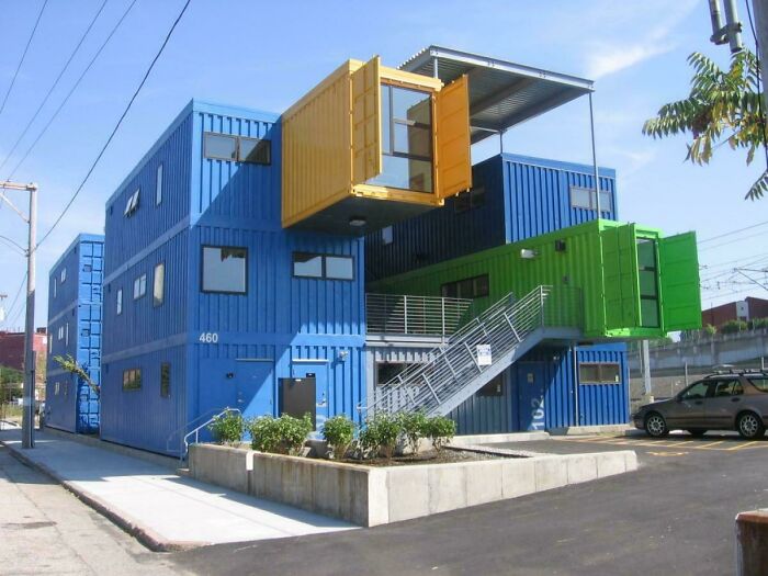 Colorful container home with unique architectural design, showcasing bizarre buildings that are so unique they hardly look real.