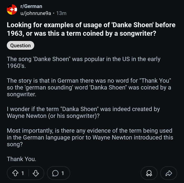Reddit post question about the term Danke Shoen, illustrating a funny example from Americans confidently posting dumb things.