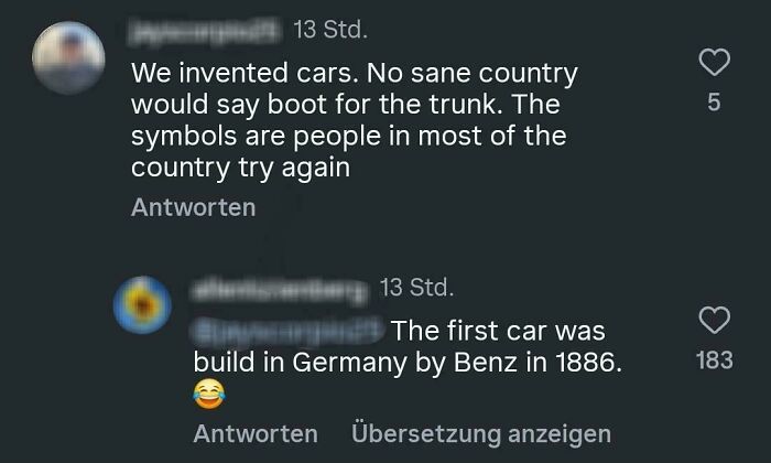 Screenshot of a social media comment thread showing humorous factual errors and corrections about car invention history.