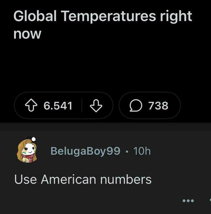 Reddit post with a humorous comment under a misleading global temperatures caption referencing dumb American statements.
