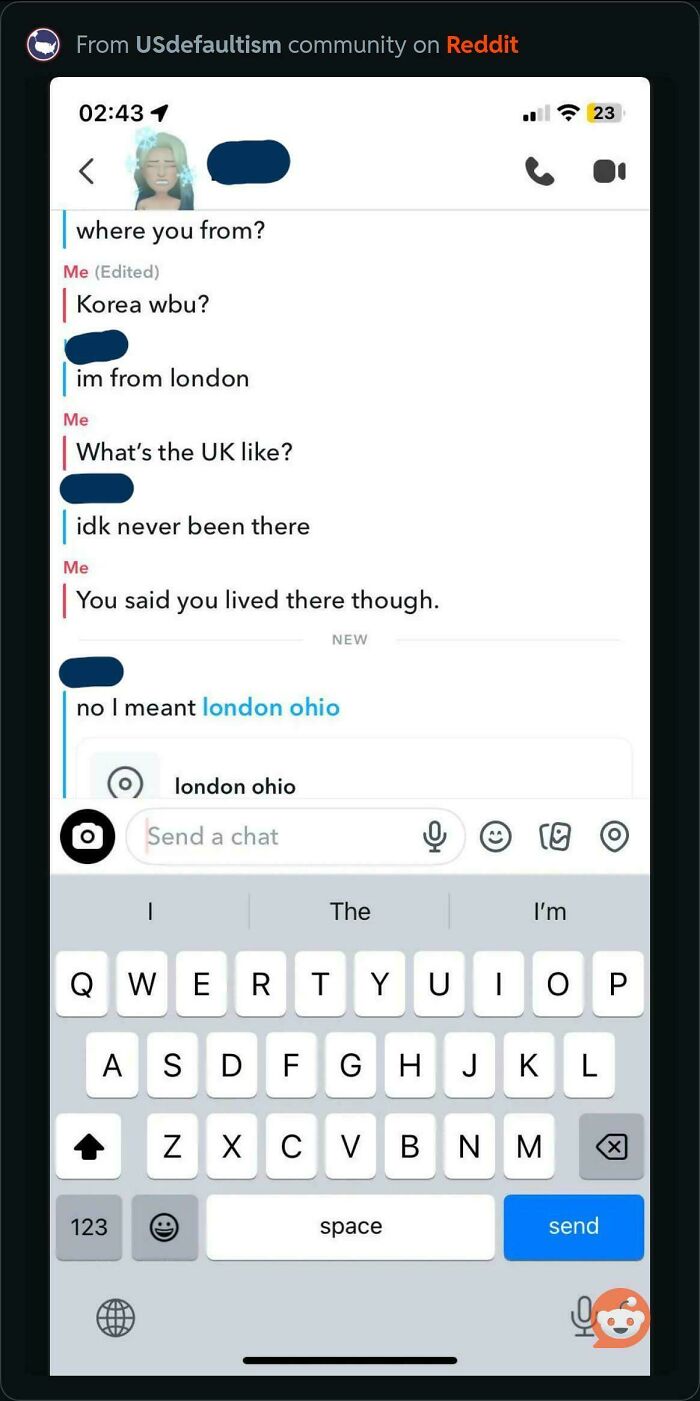 Chat conversation showing confusion about London UK versus London Ohio, illustrating dumbest things confidently posted by Americans.