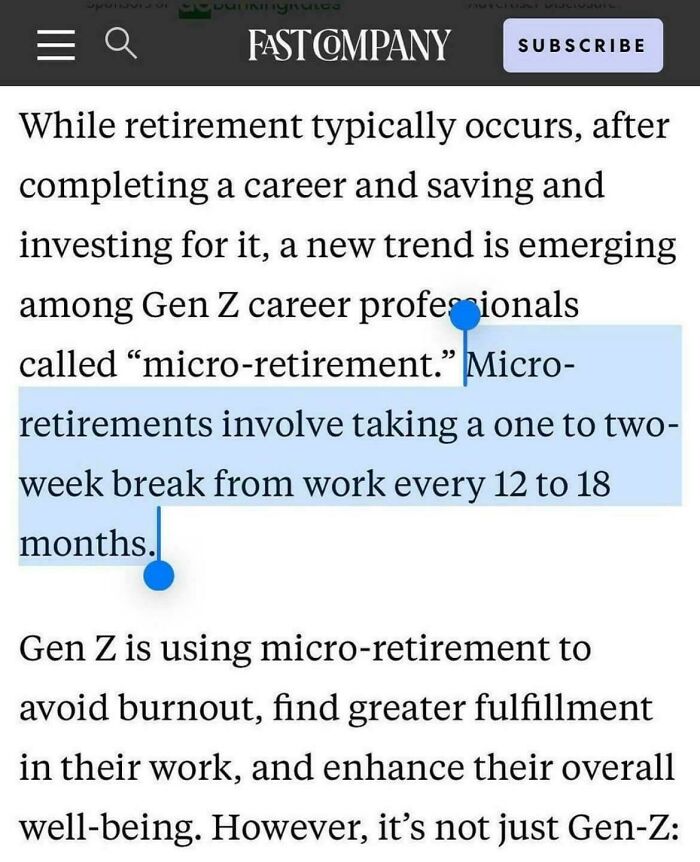 Text from Fast Company about Gen Z using micro-retirement breaks for work-life balance and burnout avoidance.