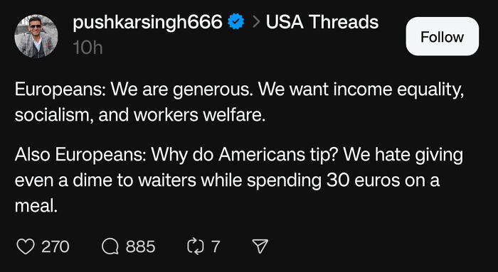 Screenshot of a social media post humorously highlighting Americans confidently posting the dumbest things about Europeans and tipping.