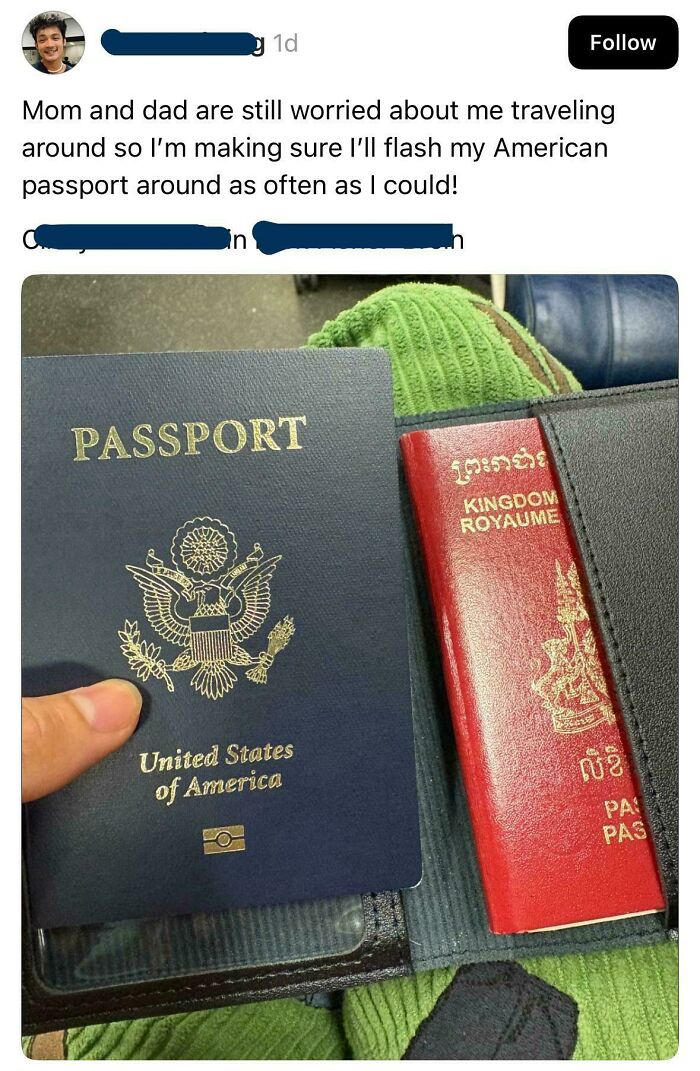 Person holding an American passport next to a red foreign passport, highlighting Americans confidently posting dumb travel moments.