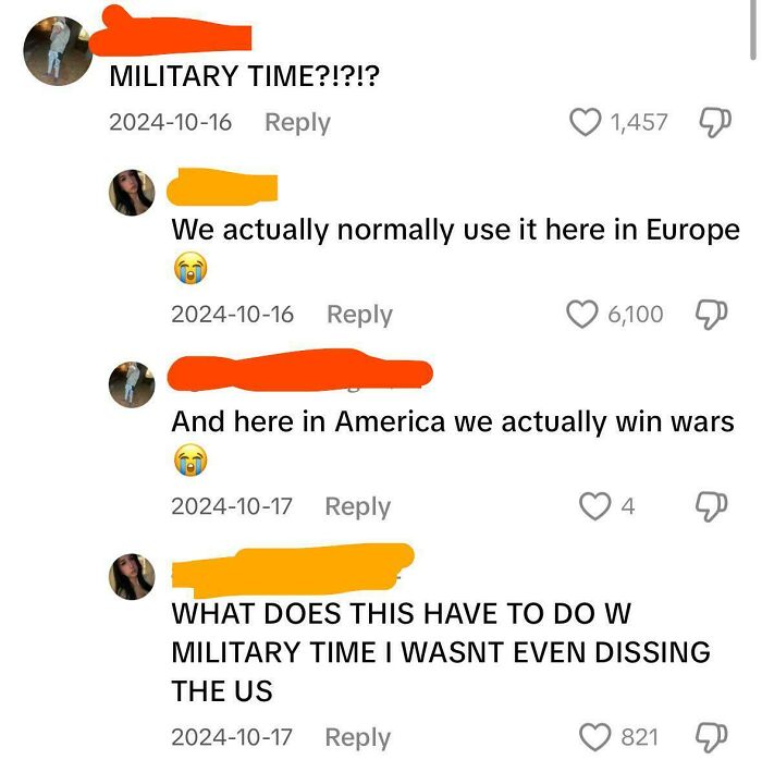 Screenshot of a social media thread showing Americans confidently posting the dumbest things about military time.