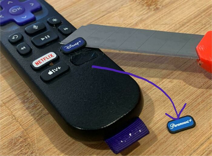 Remote control with a missing Paramount+ button, showing a DIY disaster from the museum of mistakes collection.