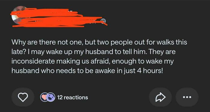 Screenshot of a wild post from a neighbors app complaining about late-night walkers causing fear and disturbance.