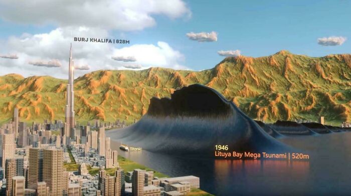 A terrifyingly large tsunami wave towering over the Burj Khalifa and a city, illustrating extremely large things.